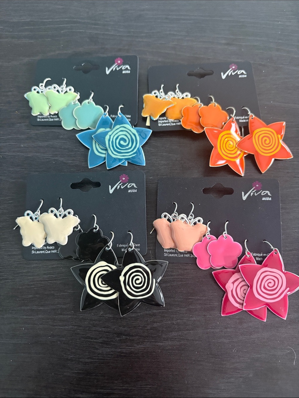 3 pair: Floral, Butterfly and Star Dangle Earrings - Assorted Colors